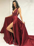 A Line V Neck Split Burgundy Satin Prom Dress with Lace LBQ0246